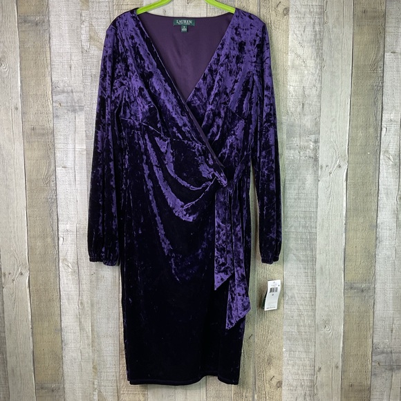 Lauren Ralph Lauren Size 12 Purple Velvet Sheath Surplice Faux Wrap Tie Dress - Picture 2 of 10